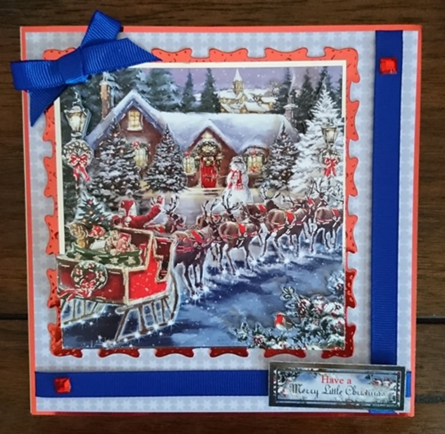3D Luxury Handmade Card Merry Christmas Xmas Santa Sleigh Reindeer Snow
