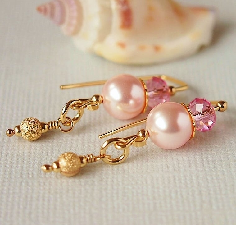 Rose Pink Crystal Pearl Earrings, 14kt Gold Filled