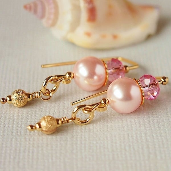 Rose Pink Crystal Pearl Earrings, 14kt Gold Filled
