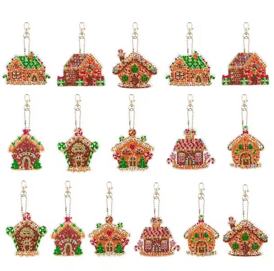 16 Pcs 5D DIY Gingerbread House Christmas Diamond Painting Kit Keyrings Keychain
