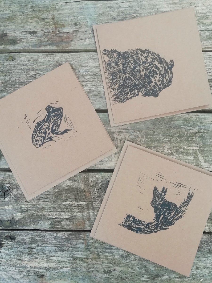 Hand-printed Lino Greetings Cards by Kathryn.Prints - Animals - Frog - Fox - Cat
