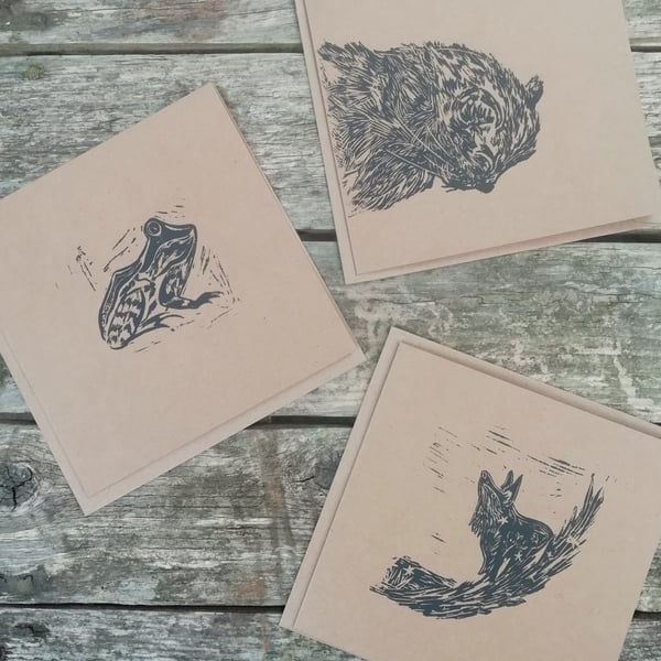 Hand-printed Lino Greetings Cards by Kathryn.Prints - Animals - Frog - Fox - Cat