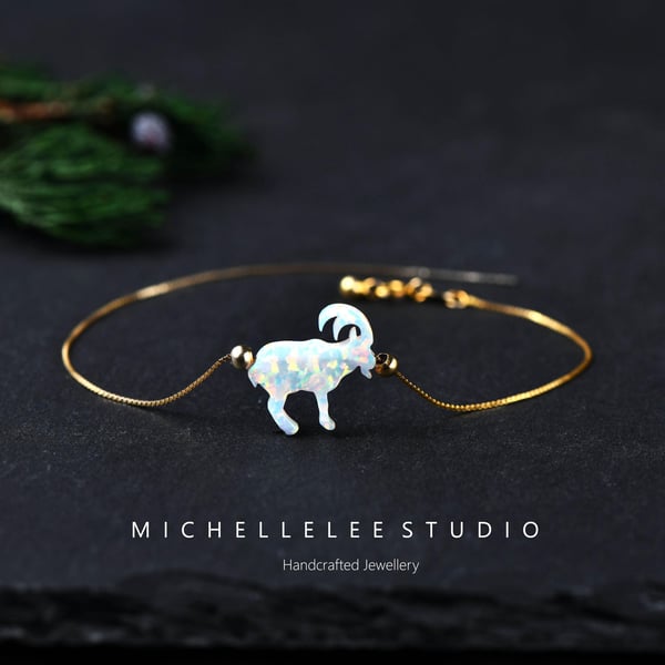 Goat Opal Bracelet, 925 Sterling Silver Chain, Animal Jewelry