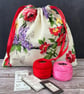 Floral 1940s Vintage Barkcloth Fabric Drawstring Bag, Gift Bag - Red  - Image 1