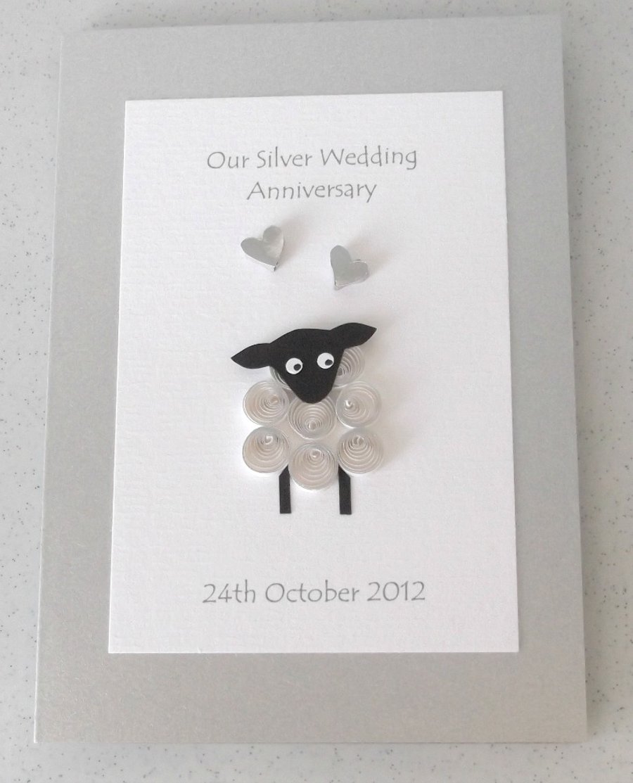 Handmade 25th silver wedding anniversary card with quilled sheep