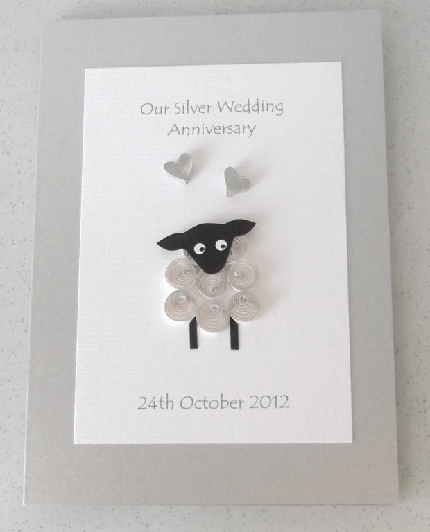 Handmade 25th silver wedding anniversary card with quilled sheep