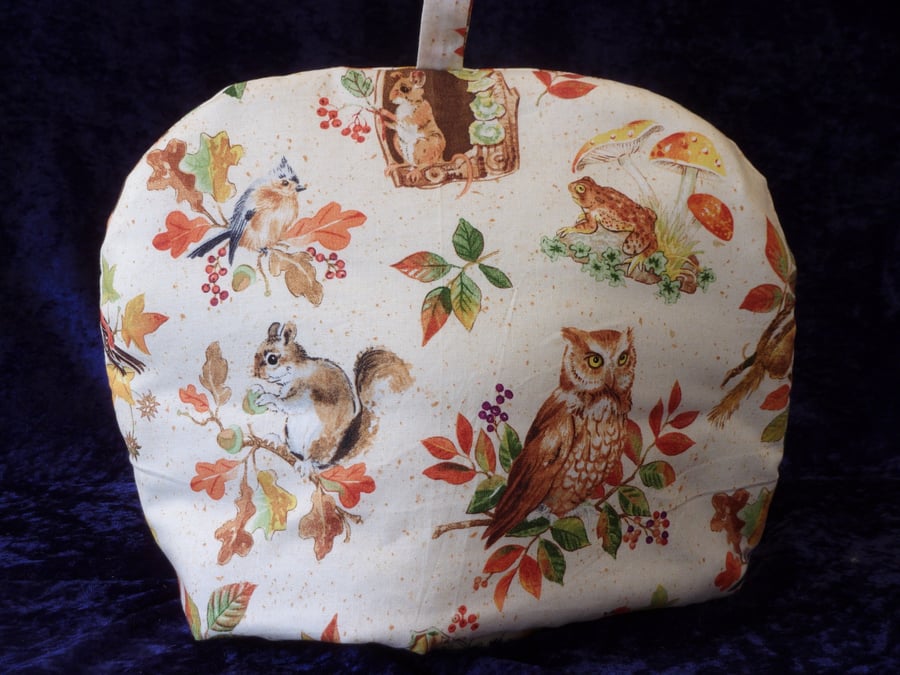 Tea Cosy for a 6 Cup Tea Pot with Owls and Squirrels on a Cream Background