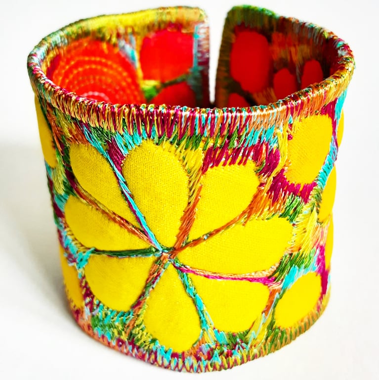 Cuff - Fabric Bracelet with Free Machine Embroidery 