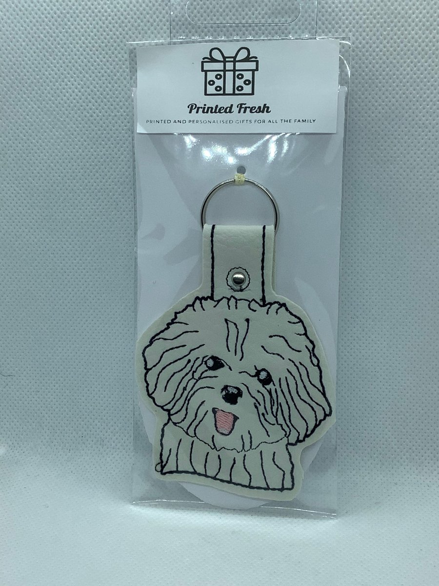 Embroidered white Faux Leather Bichon frise key ring