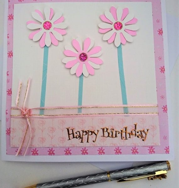 Happy Birthday Pink Flowers Card,Handmade, Male,Female, FREE P&P to UK
