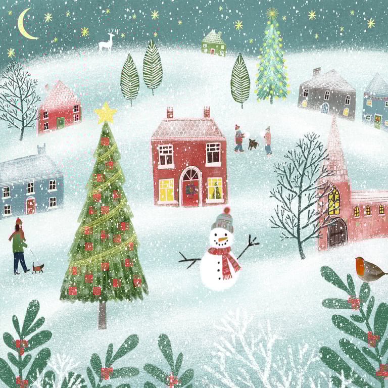 Snowy Town, blank greetings card