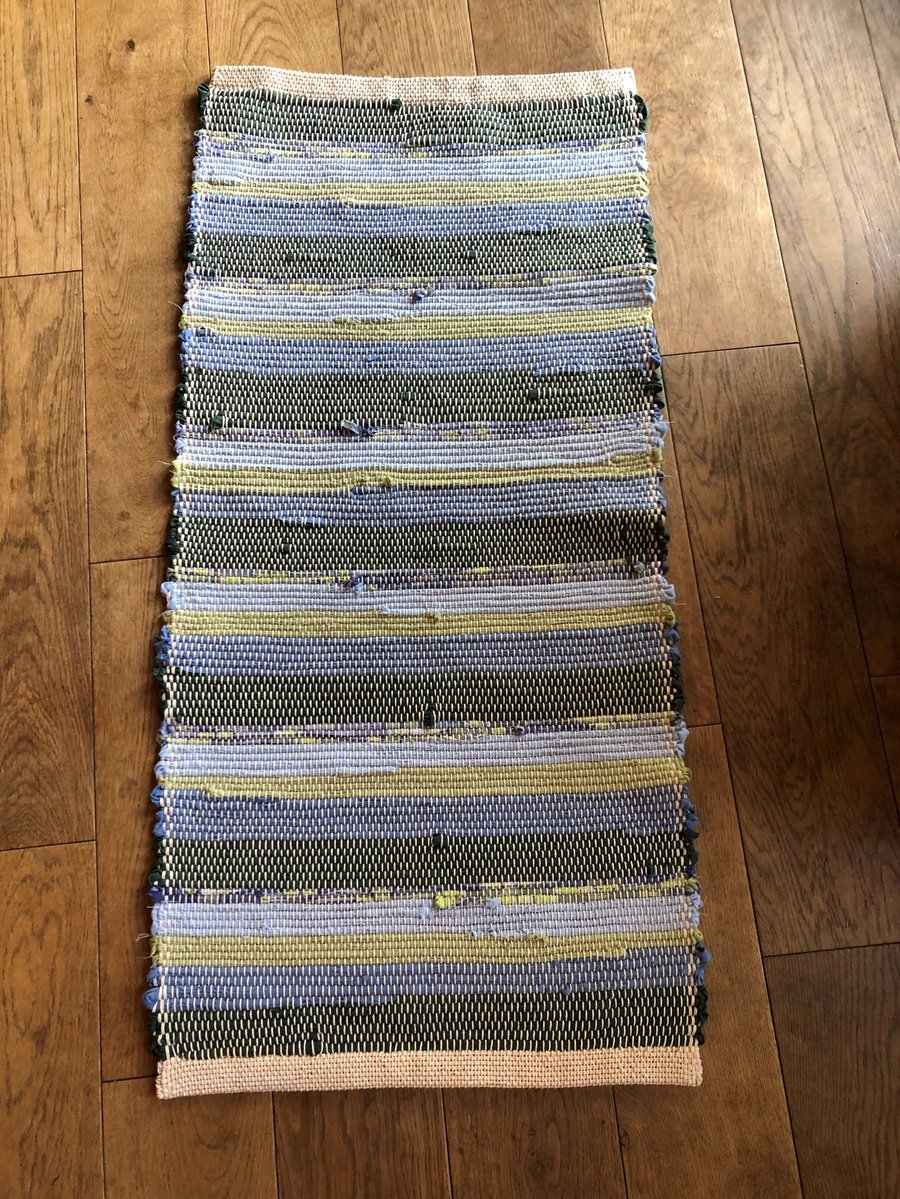Handwoven Blue and Green Rag Rug 
