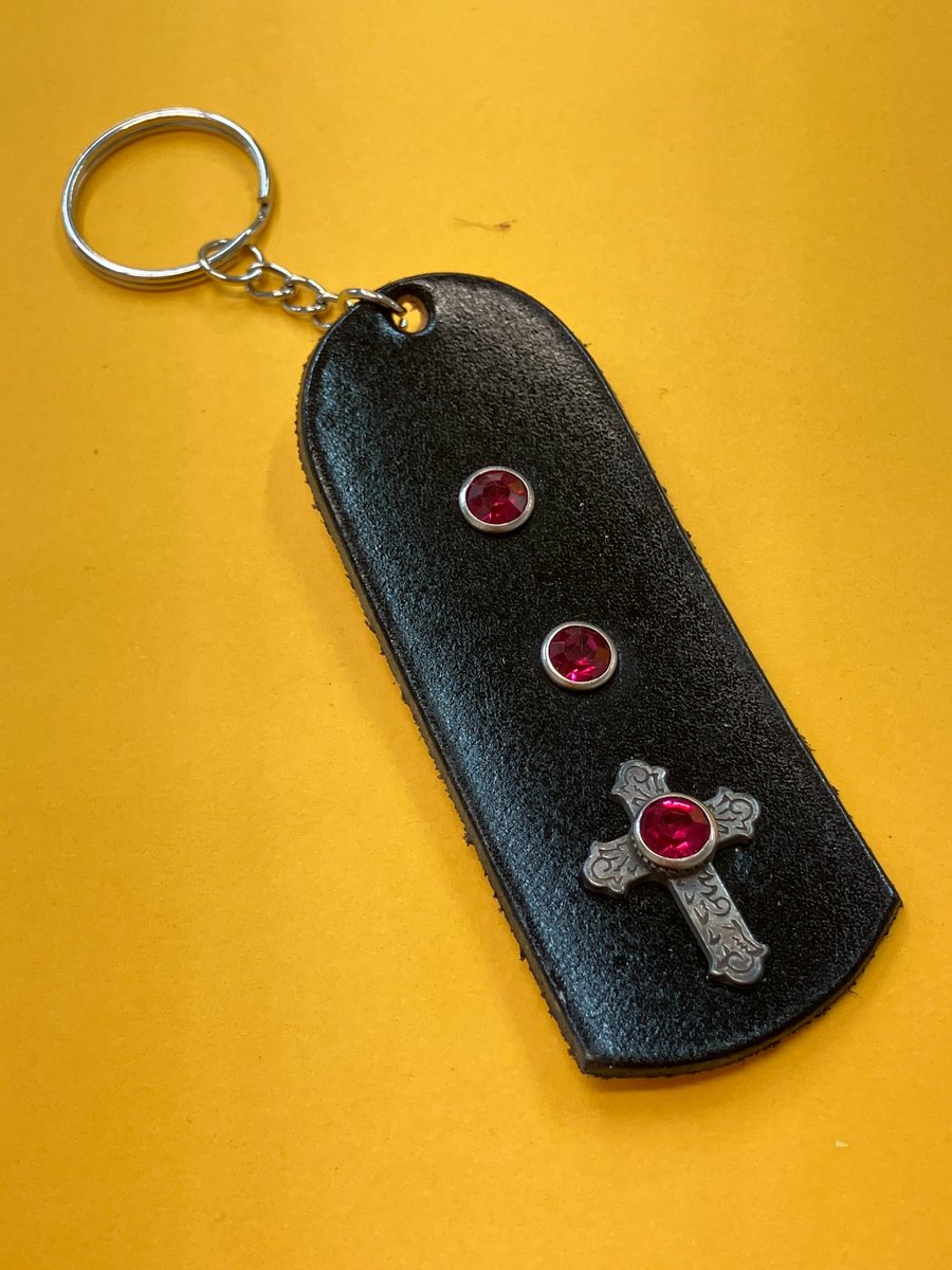 Black Leather Keyring on chain with 3 Reddish- Pink Gemstones & Catholic Cross