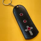 Black Leather Keyring on chain with 3 Reddish- Pink Gemstones & Catholic Cross
