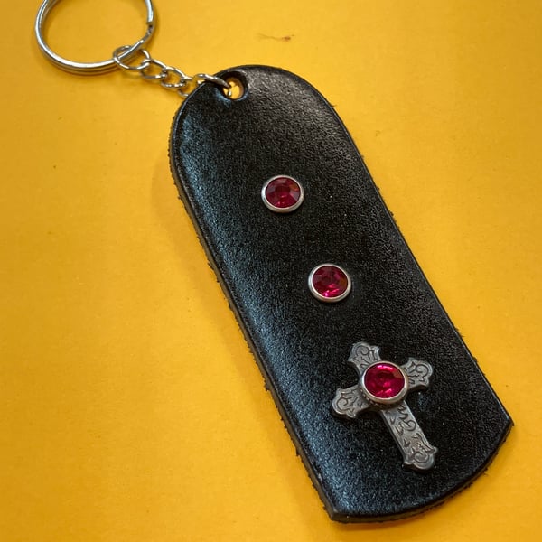 Black Leather Keyring on chain with 3 Reddish- Pink Gemstones & Catholic Cross