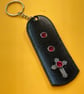 Black Leather Keyring on chain with 3 Reddish- Pink Gemstones & Catholic Cross