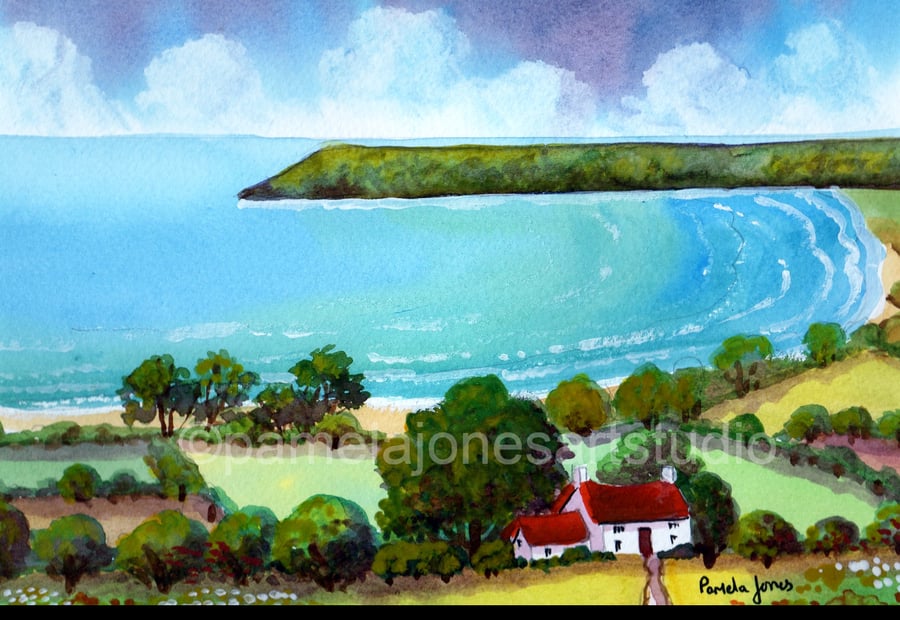 Red Roof Cottage, Oxwich Bay, Gower, Original Watercolour in 14 x 11 '' Mount