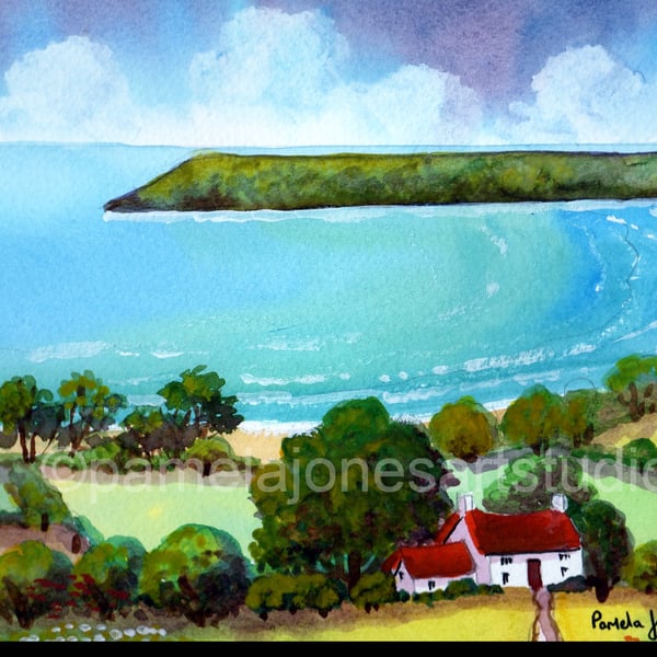 Red Roof Cottage, Oxwich Bay, Gower, Original Watercolour in 14 x 11 '' Mount