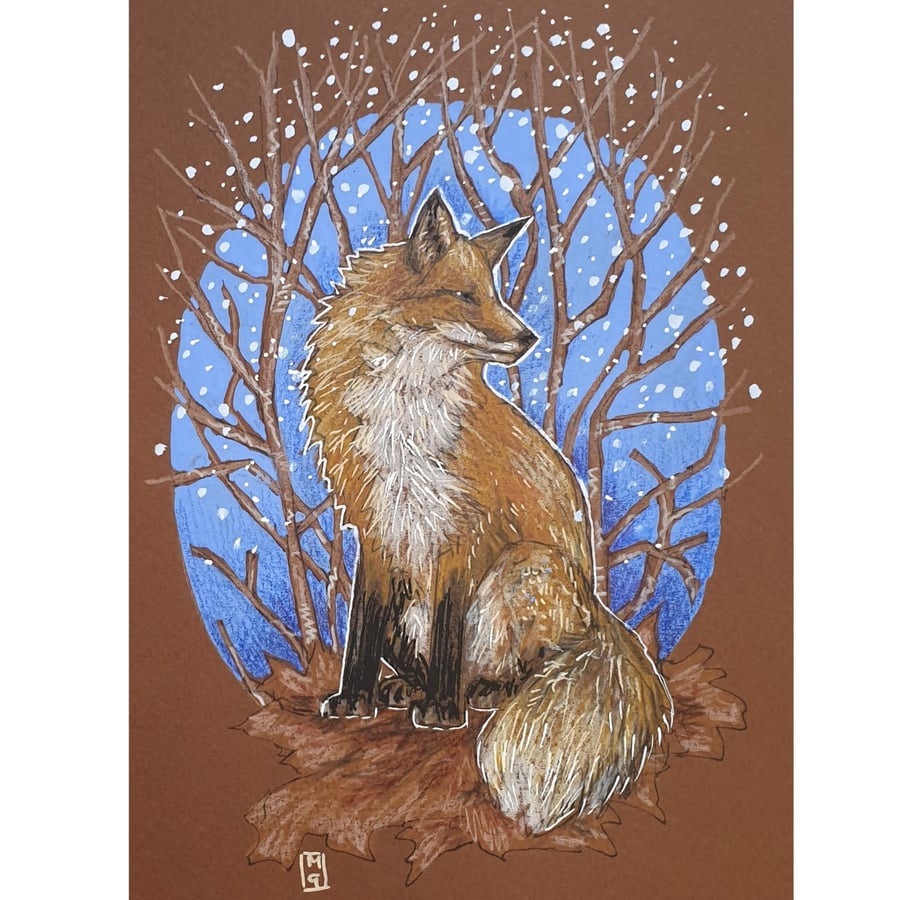 Red fox drawing, small fox artwork, original art, wall art