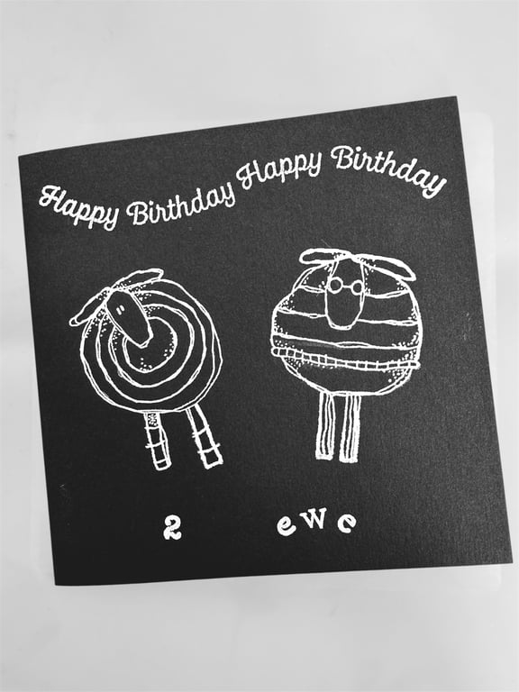 Large funny Happy Birthday 2 ewe card, black & white, cute sheep, humour.  