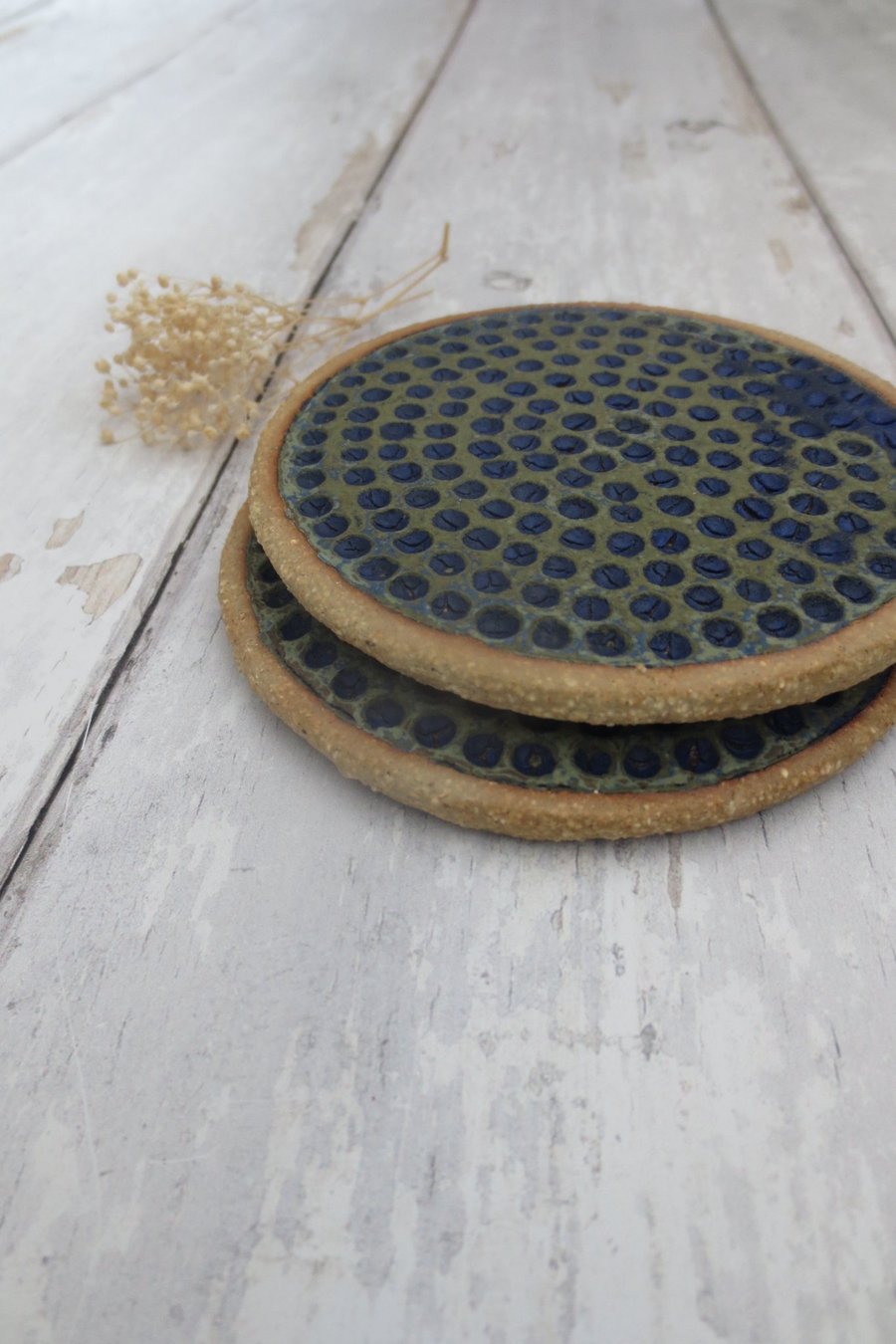 COASTERS hand-built textured pottery coasters (x2) in sea green and blue