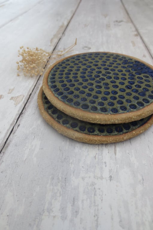 COASTERS hand-built textured pottery coasters (x2) in sea green and blue