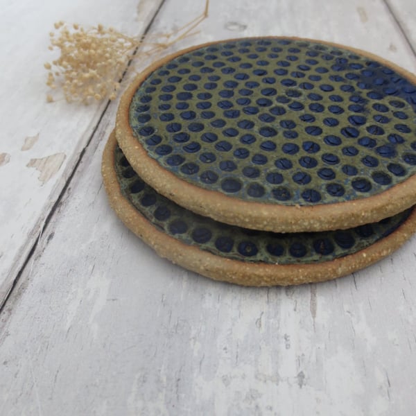 COASTERS hand-built textured pottery coasters (x2) in sea green and blue