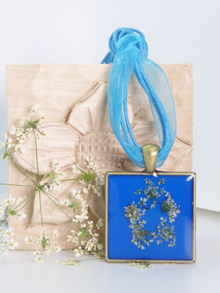 Electric Blue, Square Pendant with Queen Anne's Lace Flower in Epoxy Resin