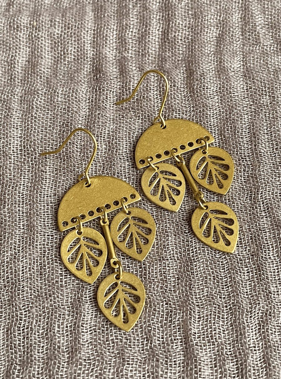 Dangle brass floral earrings, gold minimalist earrings, gift for her