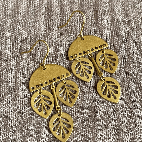 Dangle brass floral earrings, gold minimalist earrings, gift for her