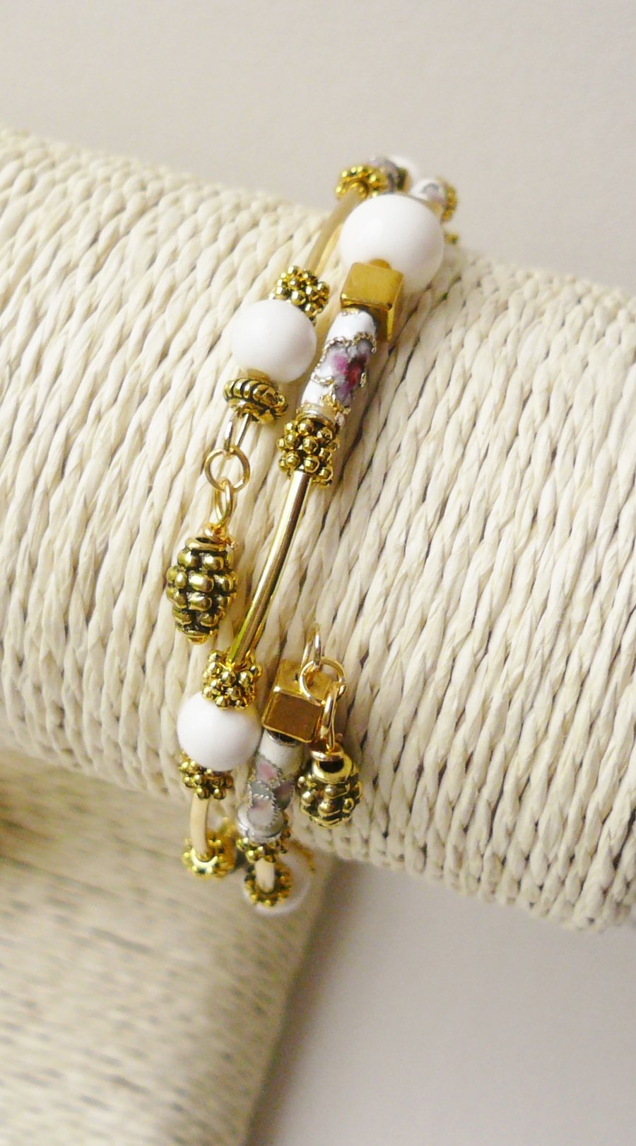 Memory Wire Wrap Bracelet White Cloisonne and Gold Plate Tube  KCJ1759