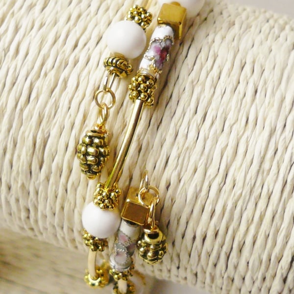 Memory Wire Wrap Bracelet White Cloisonne and Gold Plate Tube  KCJ1759