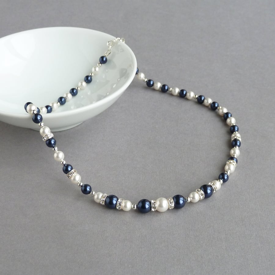 Navy and White Pearl and Crystal Necklace - Dark Blue Wedding Jewellery - Gifts
