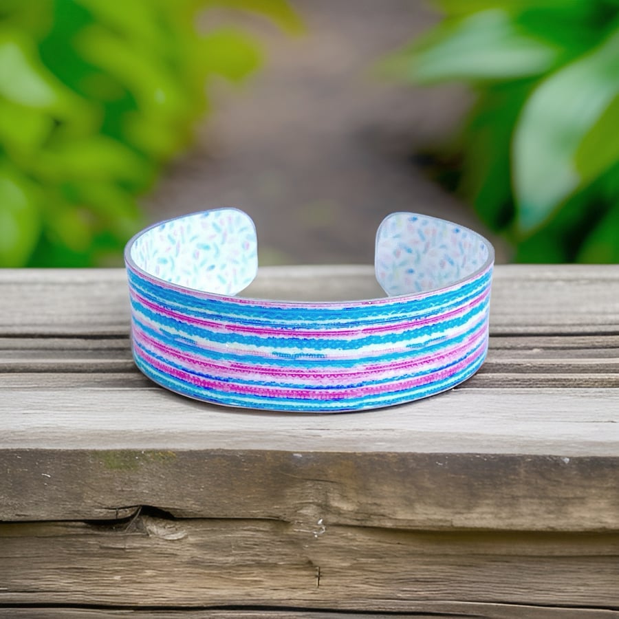 SALE: Striped cuff bracelet, pastel pink and blue metal bangle.