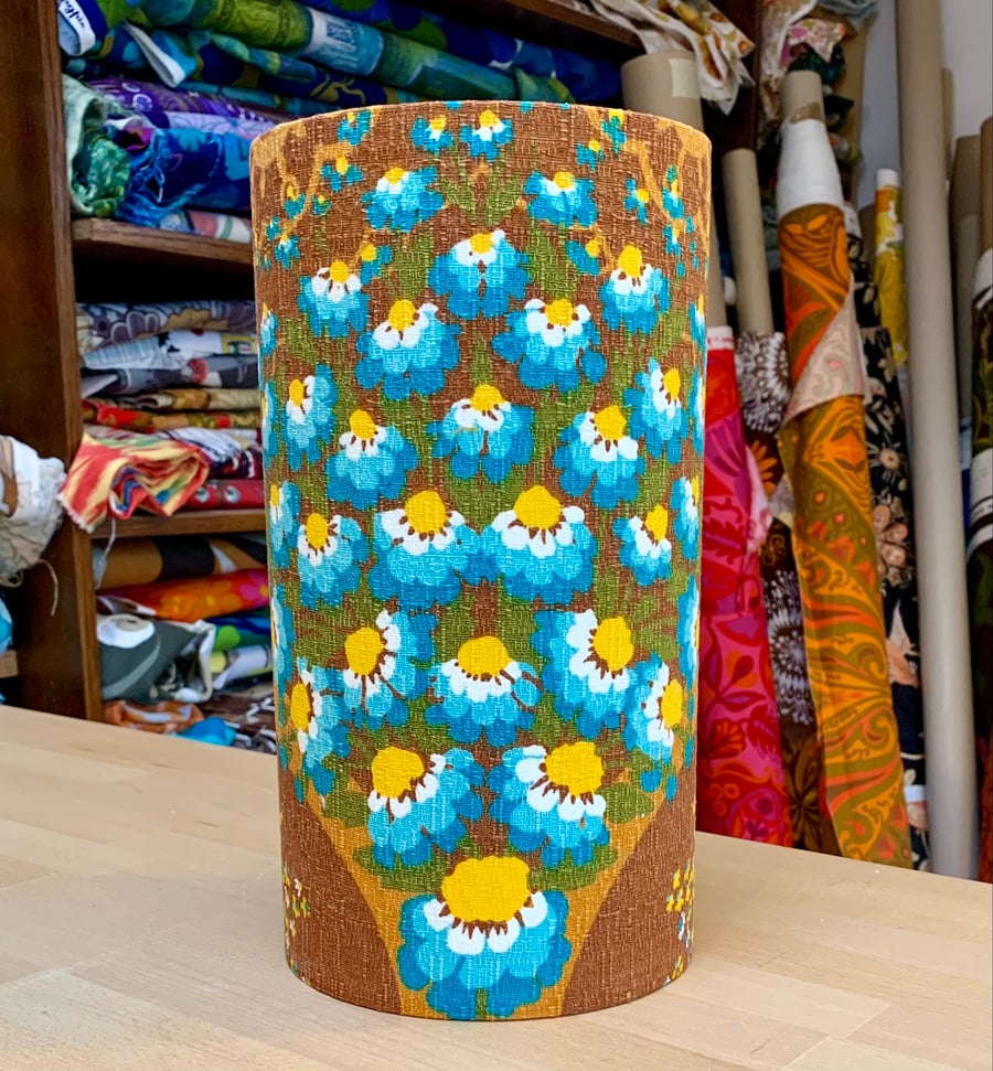 60s 70s Blue Daisies and Brown Lace Barkcloth Vintage Fabric Lampshade option 