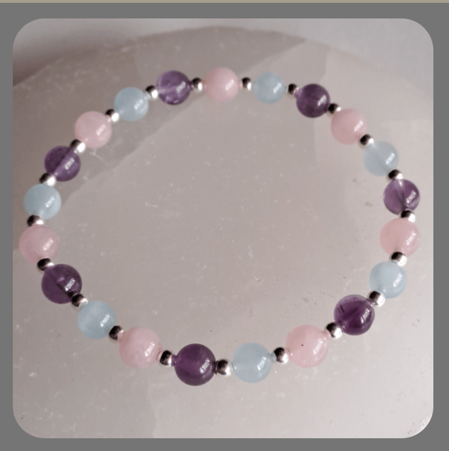 Aquamarine, Amethyst, Rose Quartz and Sterling Silver Bracelet