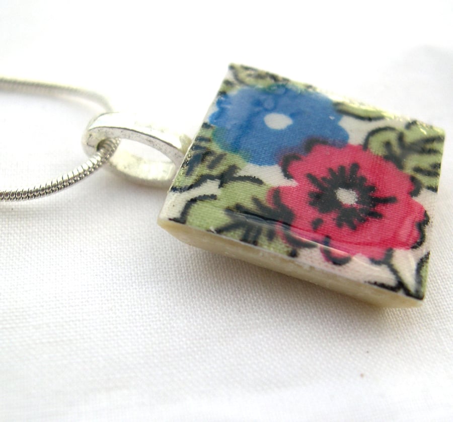 Unusual Gift Silver Plated Ceramic Tile Necklace Liberty of London Resin Pendant