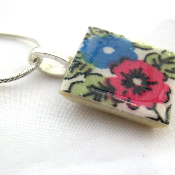 Unusual Gift Silver Plated Ceramic Tile Necklace Liberty of London Resin Pendant