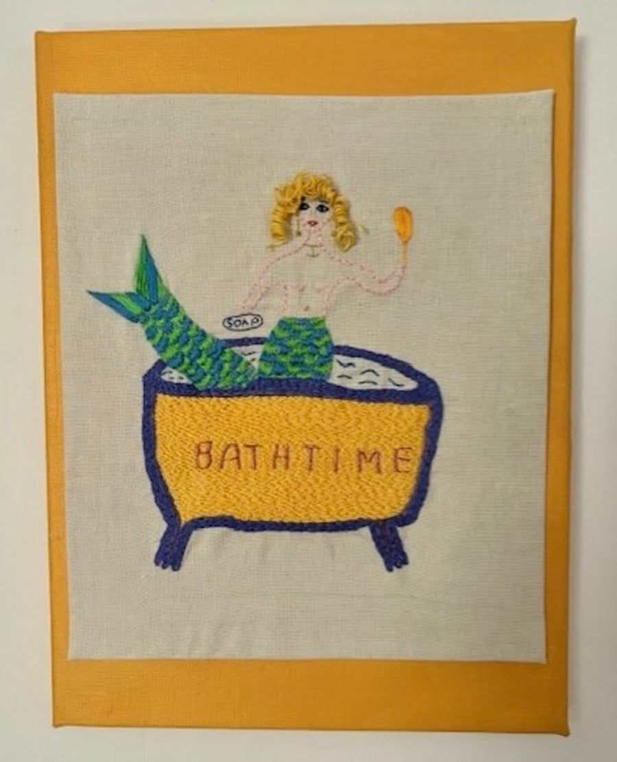 Mermaid in the bath embroidered picture.