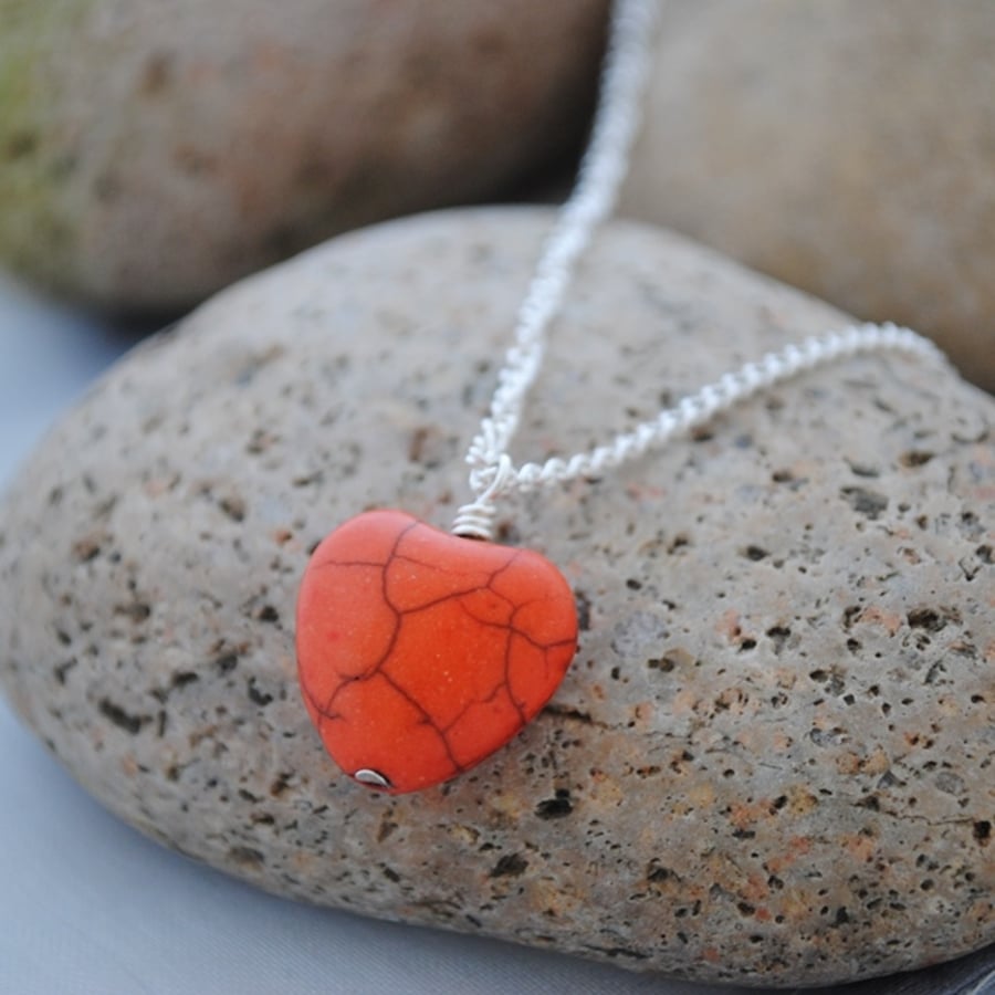 Orange howlite heart pendant necklace