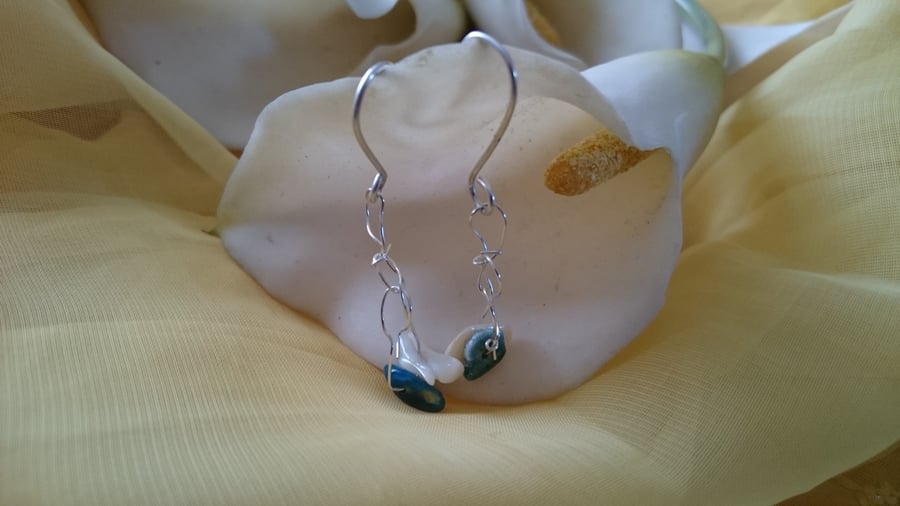 Sterling silver crocheted apatite and mother of pearl earrings