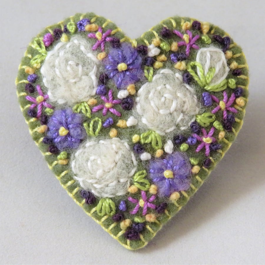 Brooch Roses and lilac dahlias felted and embroidered on felt heart