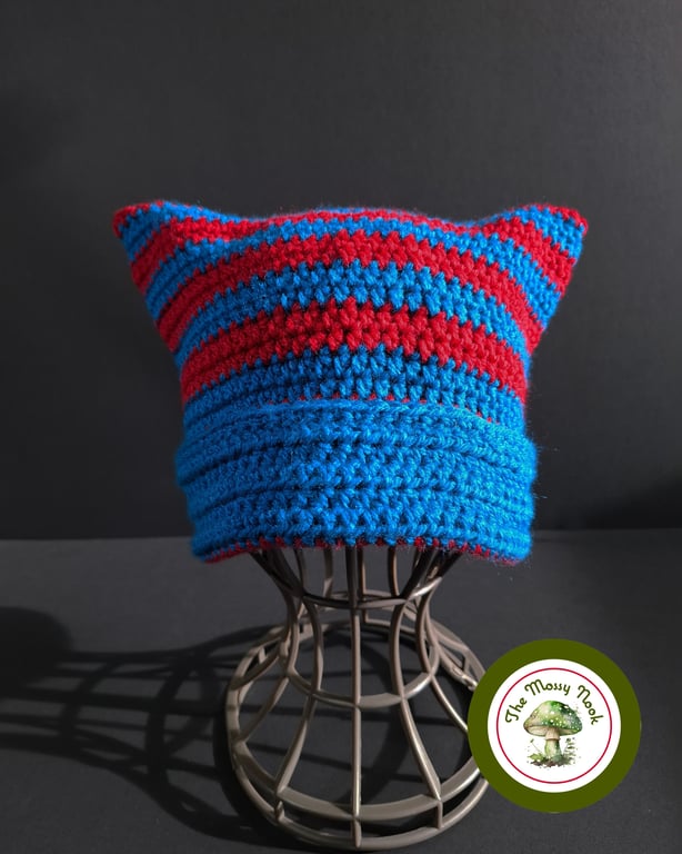 Cat Ear Hat. Striped. Vibrant Blue and Red Stripes. Teen to Adult size.