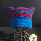 Cat Ear Hat. Striped. Vibrant Blue and Red Stripes. Teen to Adult size.