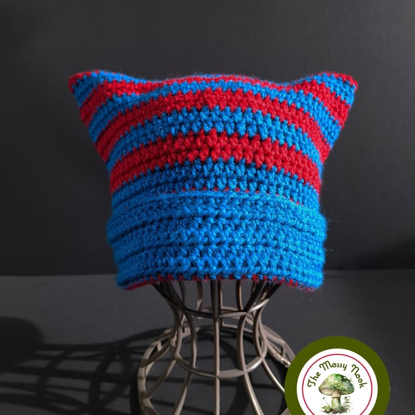 Cat Ear Hat. Striped. Vibrant Blue and Red Stripes. Teen to Adult size.