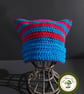 Cat Ear Hat. Striped. Vibrant Blue and Red Stripes. Teen to Adult size.