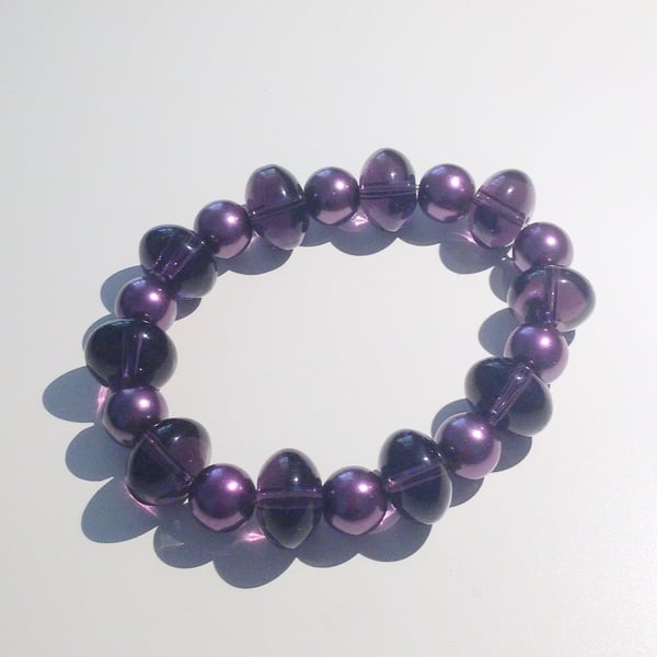 Purple Pearl and Glass Bead Elasticated Bracelet - UK Free Post