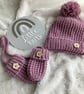 Hand Knitted ‘Kenzie’ Baby Girl’s Hat & Mitts (0-6 months) - Image 1