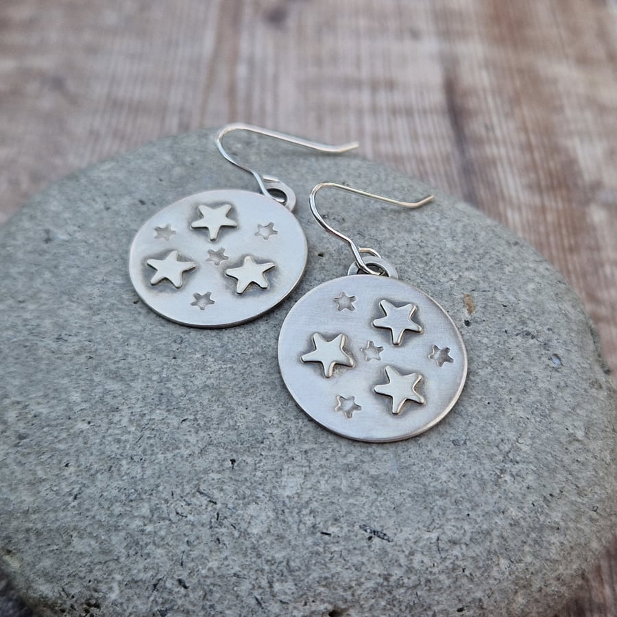 Sterling Silver Large Disc Star Celestial Statement Earrings