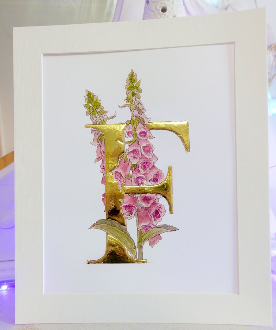 Watercolour Art with 24 Carat Gold Leaf Letter F.   Wild Foxgloves.  SALE